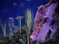 a puffer fish swimming in an aquarium